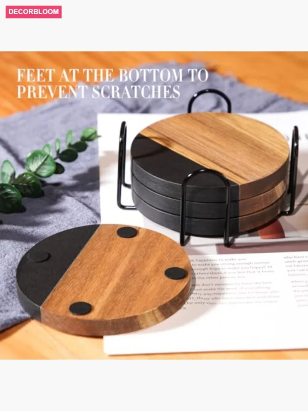 Set of 4 Acacia Wood Drink Coasters with Iron Holder
